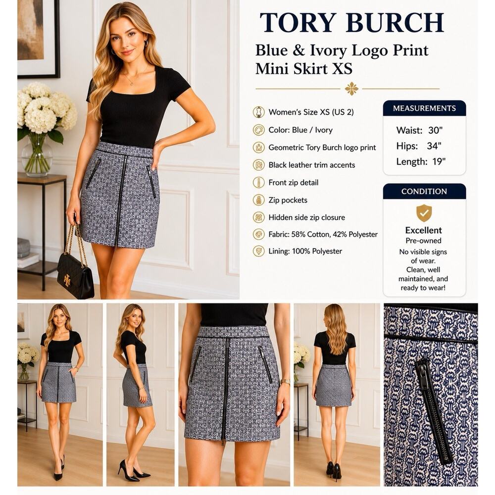 Tory Burch Blue & Ivory Logo Print Mini Skirt XS | Leather Trim Zip Detail
